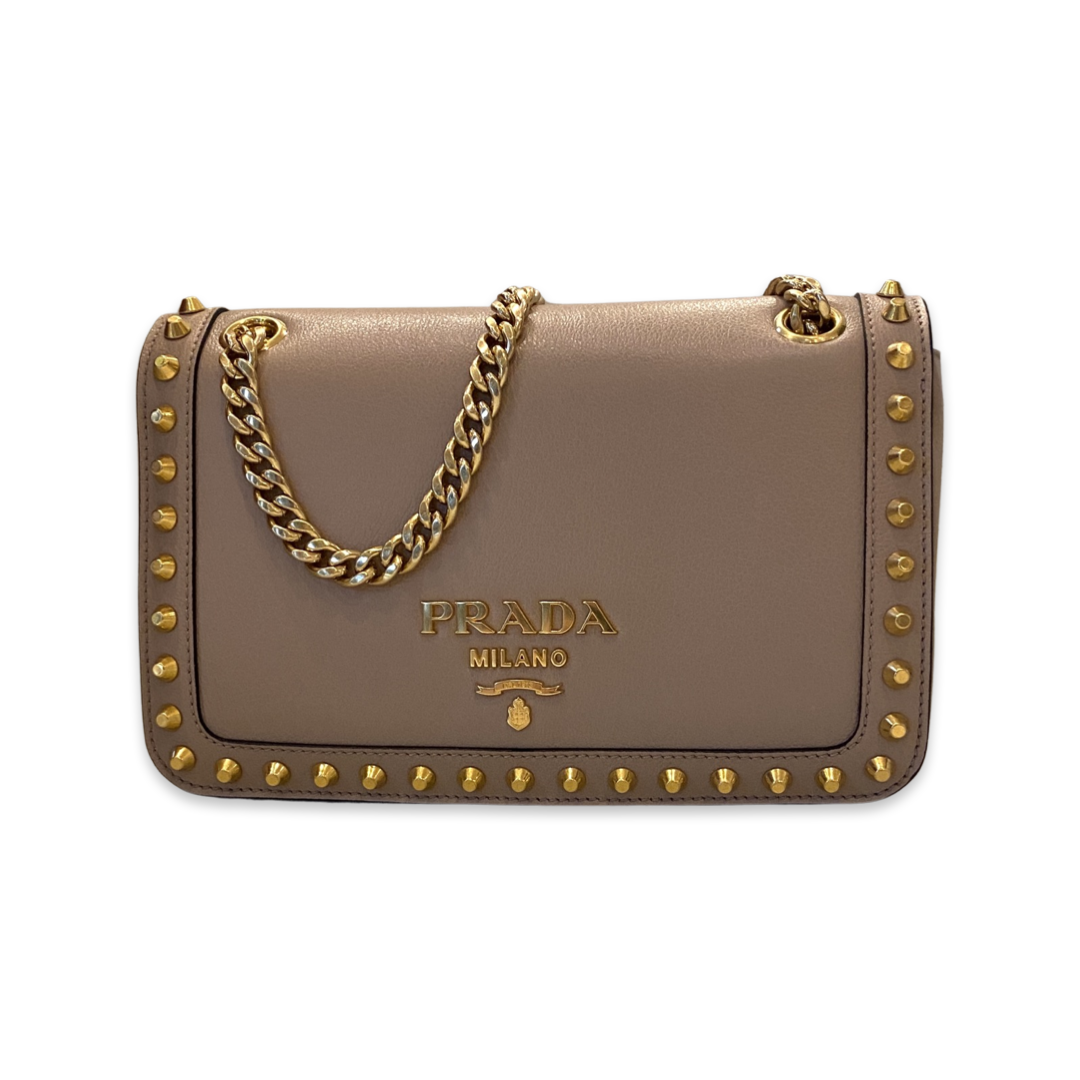 Prada Pattina Glace Calf Leather Cammeo Beige Gold Studded Bag