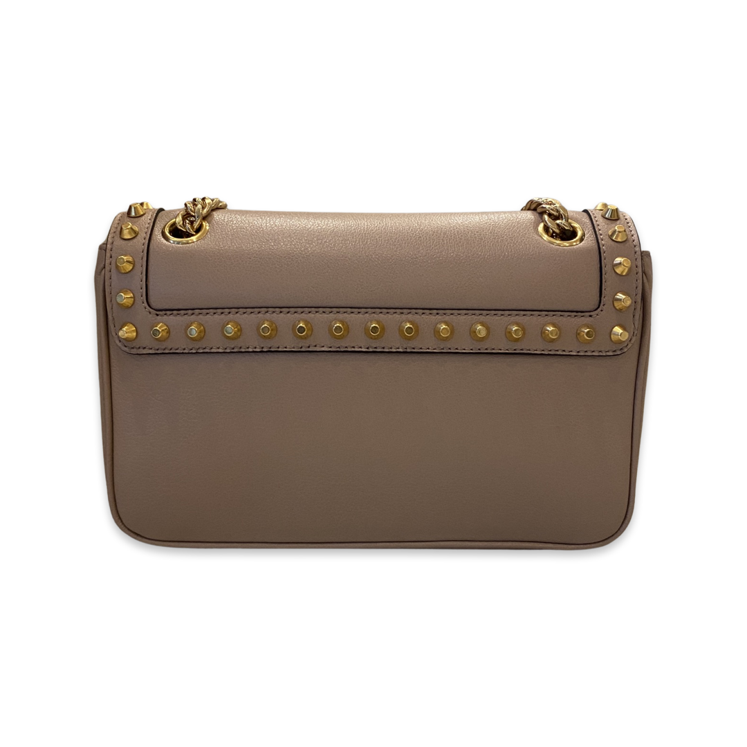 Prada Pattina Glace Calf Leather Cammeo Beige Gold Studded Bag