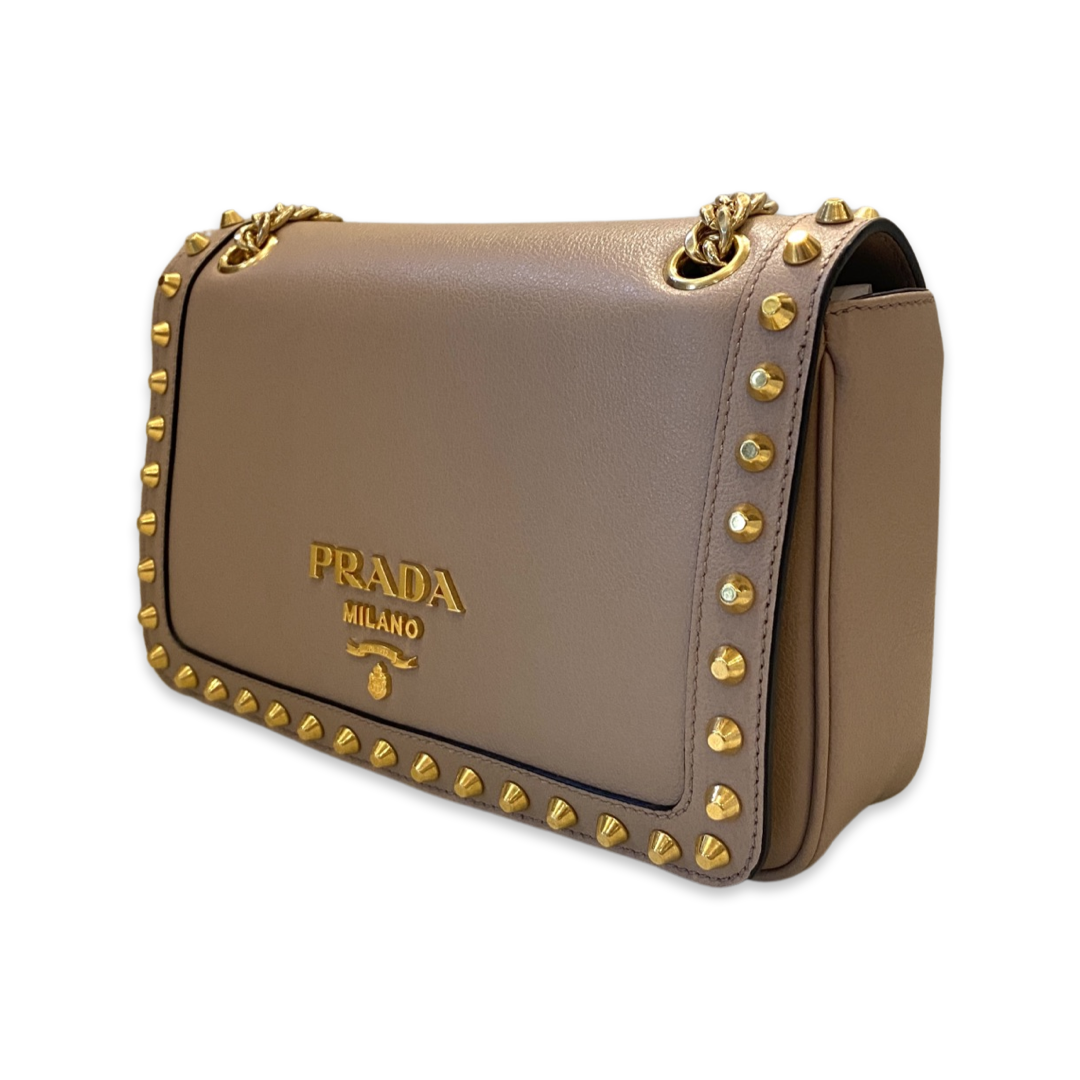 Prada Pattina Glace Calf Leather Cammeo Beige Gold Studded Bag