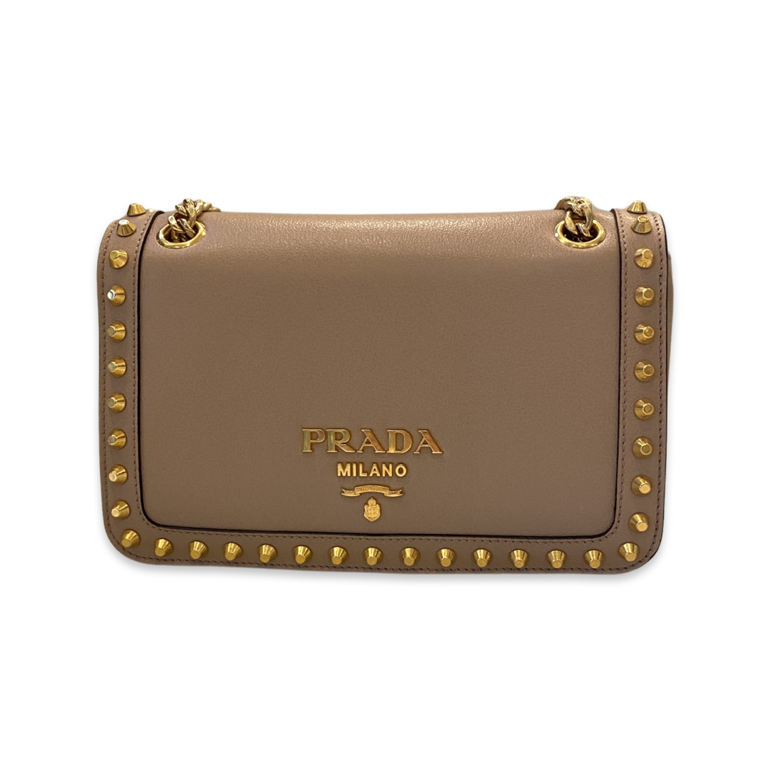 Prada Pattina Glace Calf Leather Cammeo Beige Gold Studded Bag