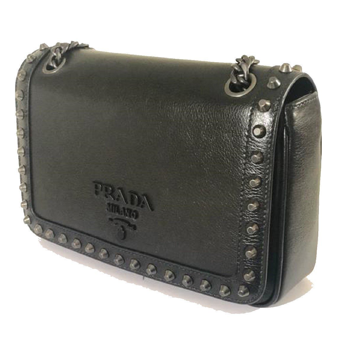 Prada Pattina Glace Calf Leather Nero Black Pattina Studded Bag