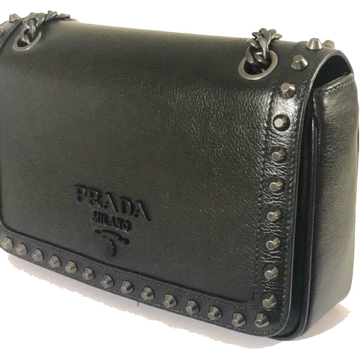 Prada Pattina Glace Calf Leather Nero Black Pattina Studded Bag