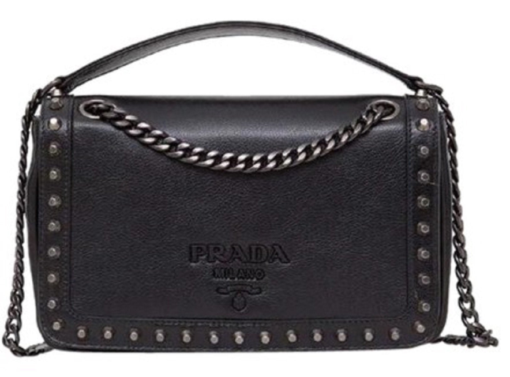 Prada Pattina Glace Calf Leather Nero Black Pattina Studded Bag