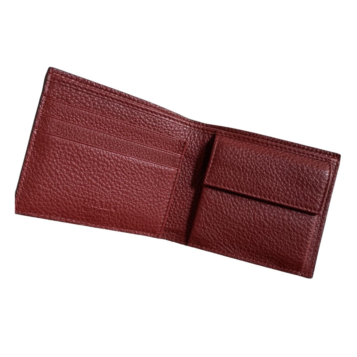 Prada Mens Debossed Logo Rubino Red Vitello Grain Bifold Wallet