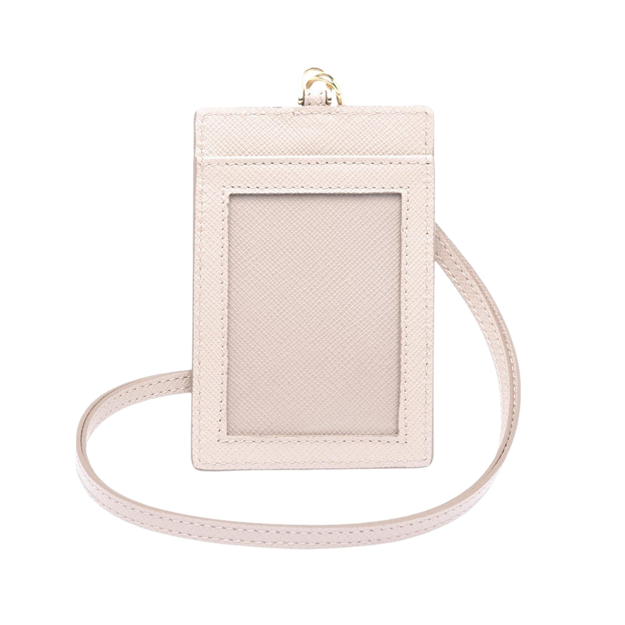 Prada Saffiano Ivory Leather Logo Plaque Lanyard Cardholder Wallet