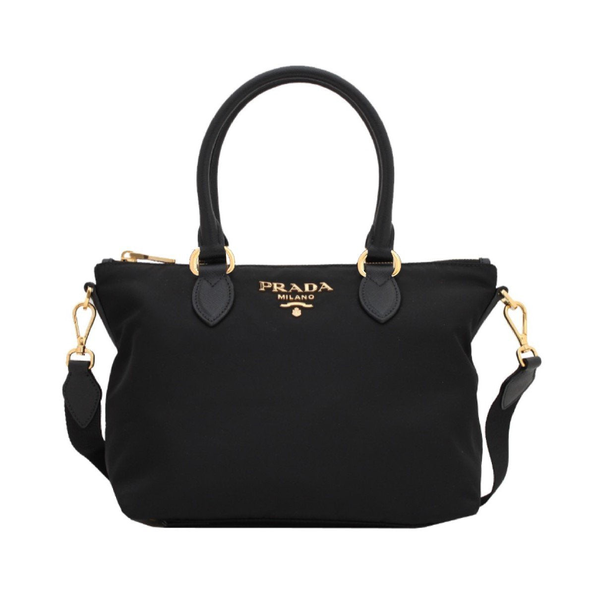 Prada Tessuto Nylon Black Saffiano Leather Trim Small Satchel