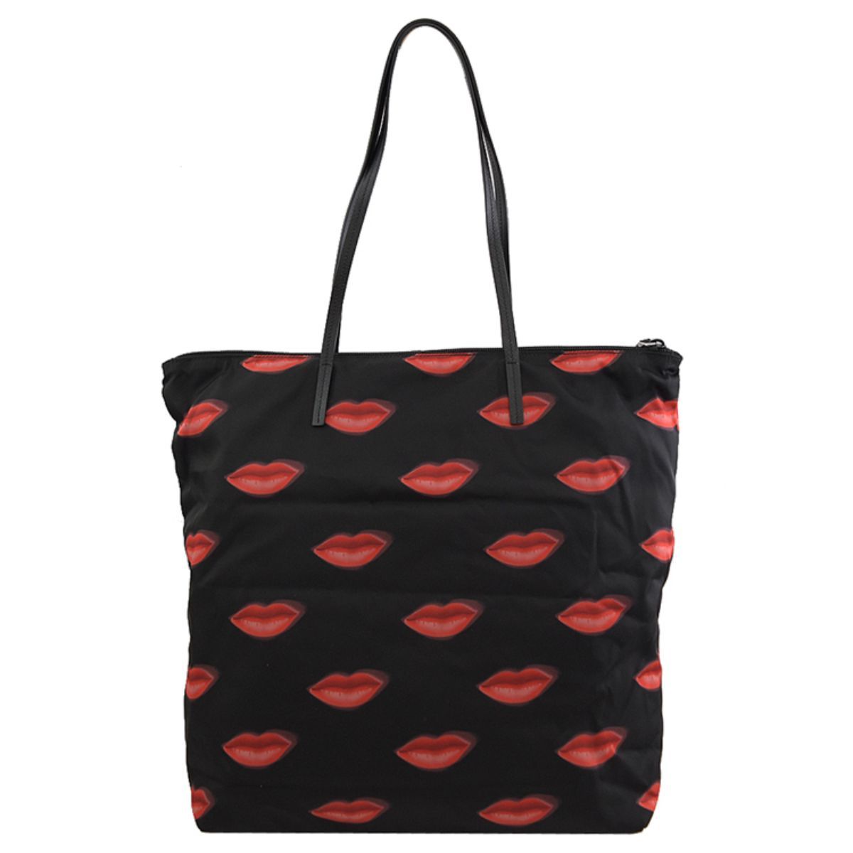 Prada Tessuto Nylon Red Lips Black Shopping Tote