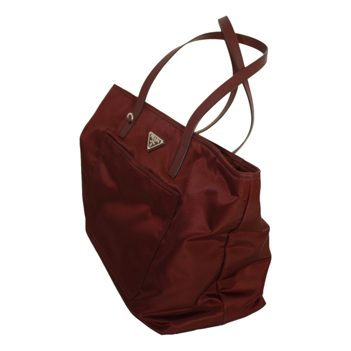 Prada Vela Bordeaux Red Tessuto Nylon Saffiano Leather Tote