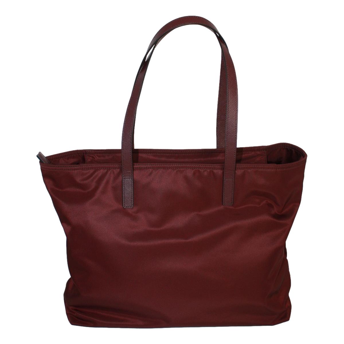 Prada Vela Bordeaux Red Tessuto Nylon Saffiano Leather Tote