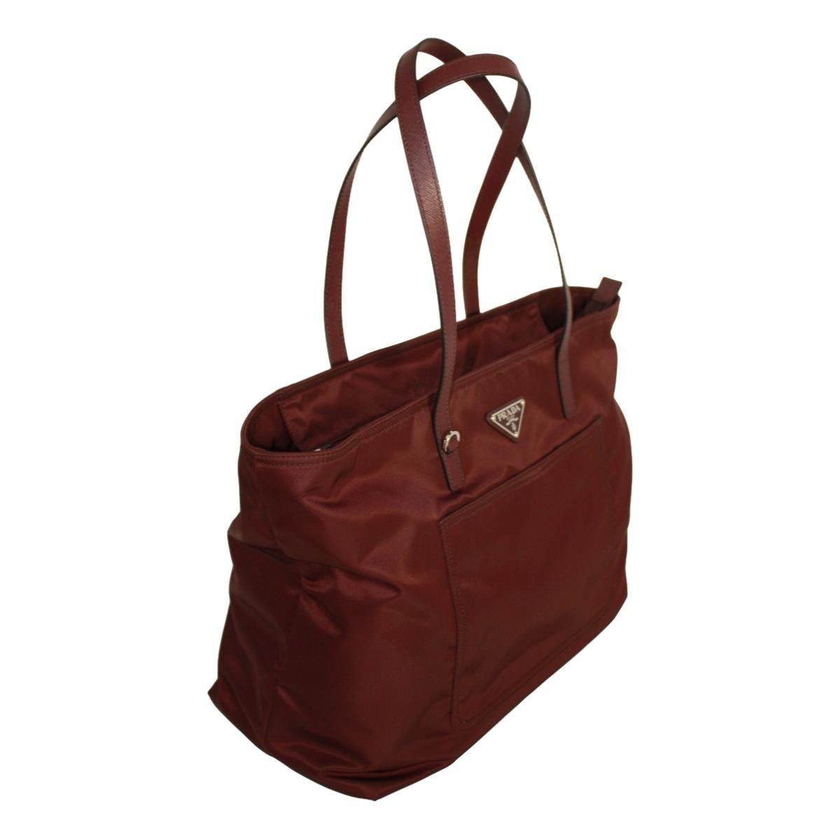 Prada Vela Bordeaux Red Tessuto Nylon Saffiano Leather Tote