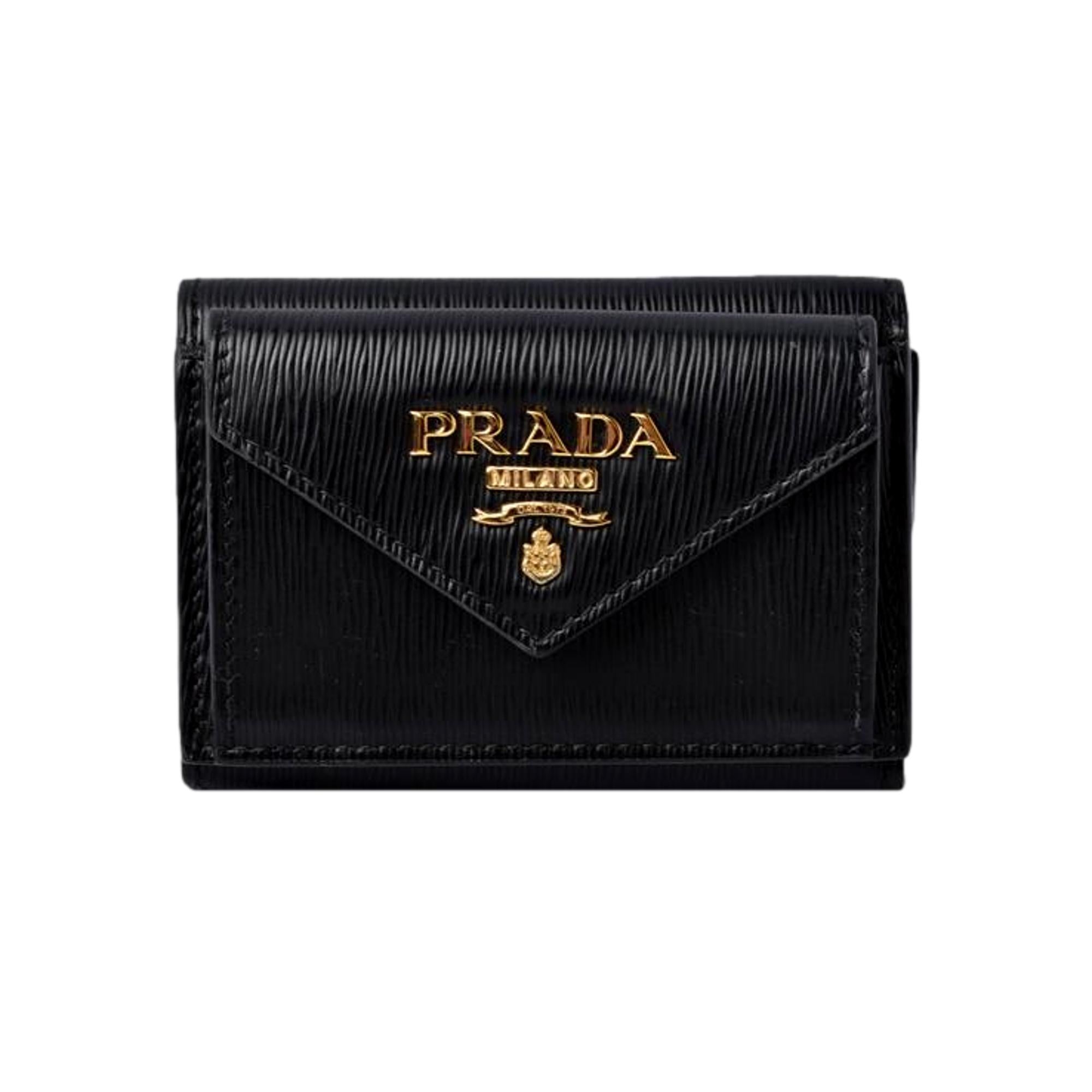 Prada Womens Vitello Move Black Leather Compact Envelope Trifold Wallet