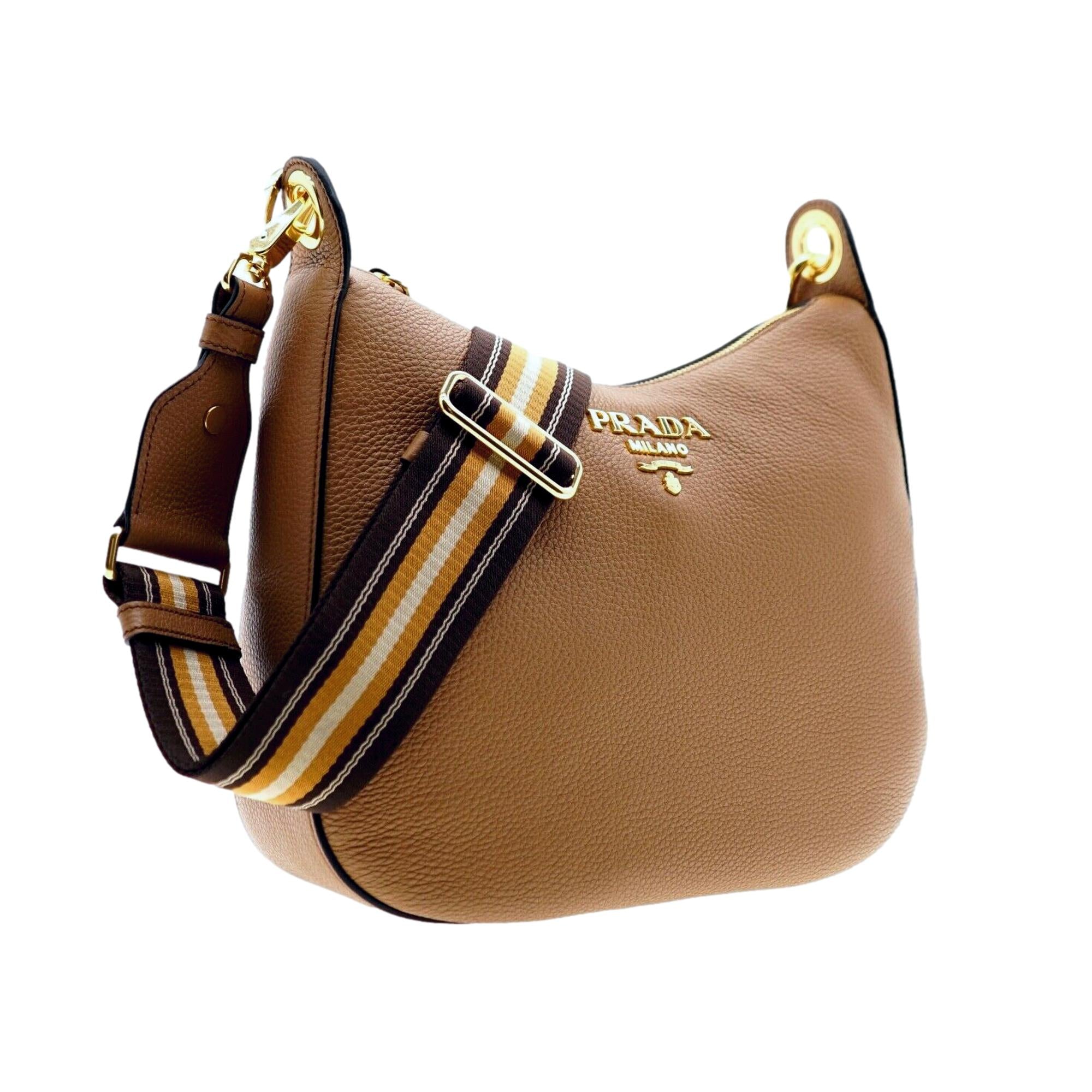 Prada Vitello Caramel Leather Bag Nylon Web Stripe Strap