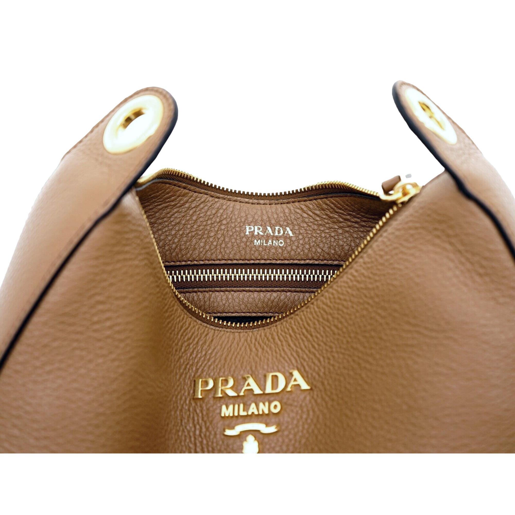 Prada Vitello Caramel Leather Bag Nylon Web Stripe Strap