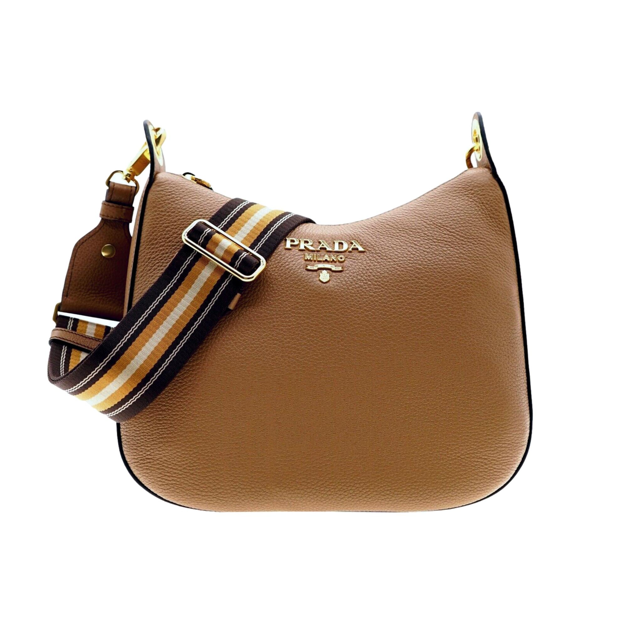 Prada Vitello Caramel Leather Bag Nylon Web Stripe Strap