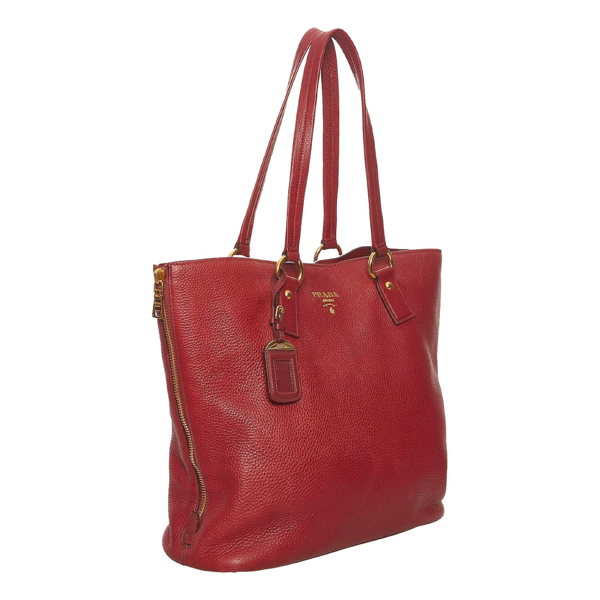 Prada Vitello Daino Red Side Zip Tote Bag