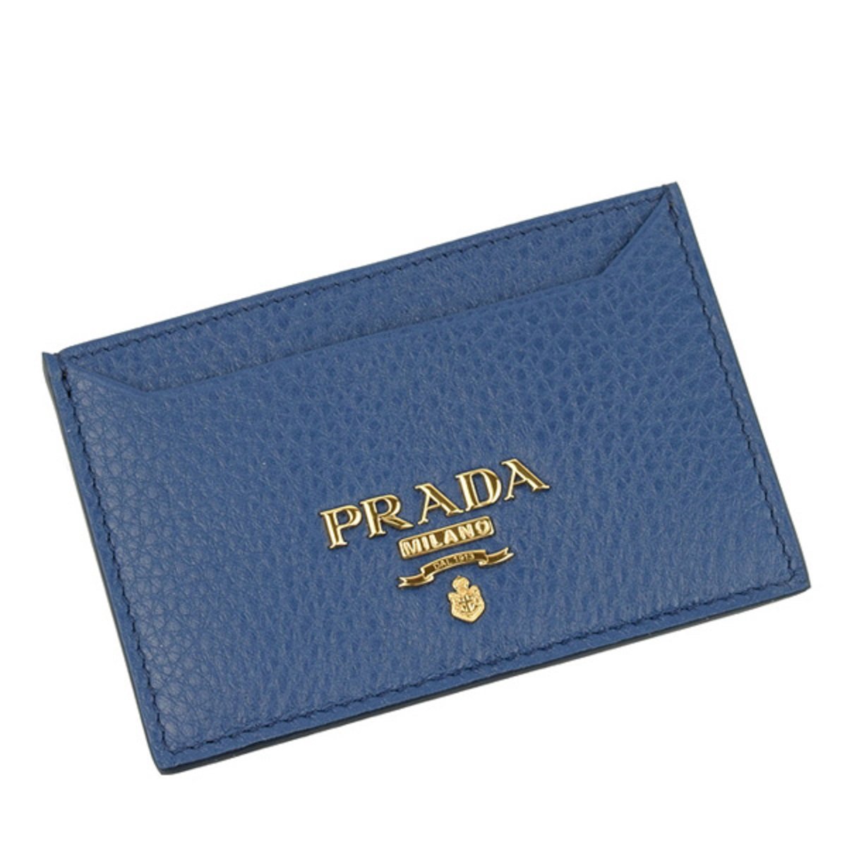 Prada Vitello Grain Leather Bluette Blue Gold Logo Card Holder