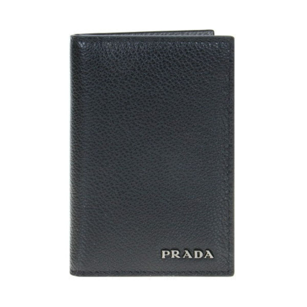 Prada Black Grey Vitello Micro Grain Vertical Card Holder Wallet