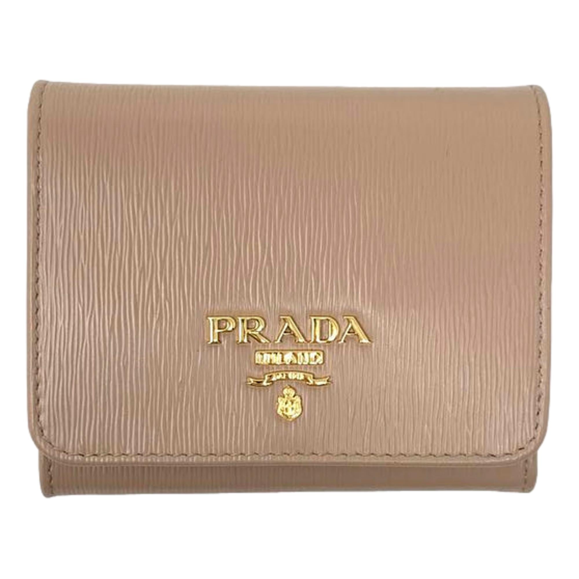 Prada Vitello Move Cipria Beige Leather Triangle Logo Small Trifold Wallet