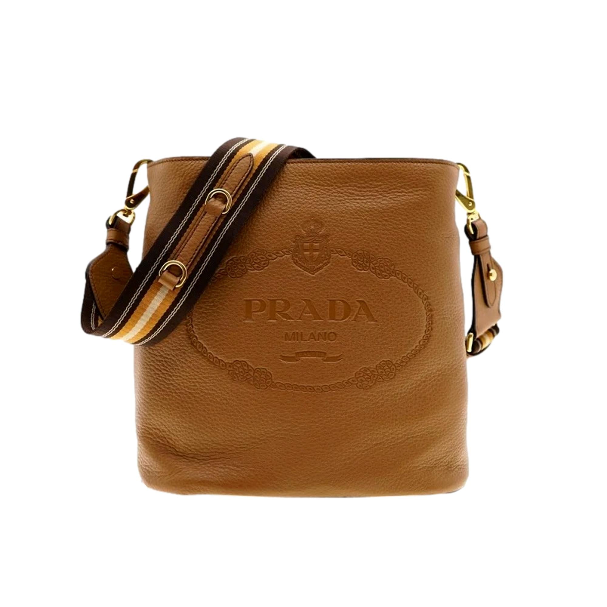 Prada Vitello Phenix Caramel Leather Stripe Strap Bucket Bag