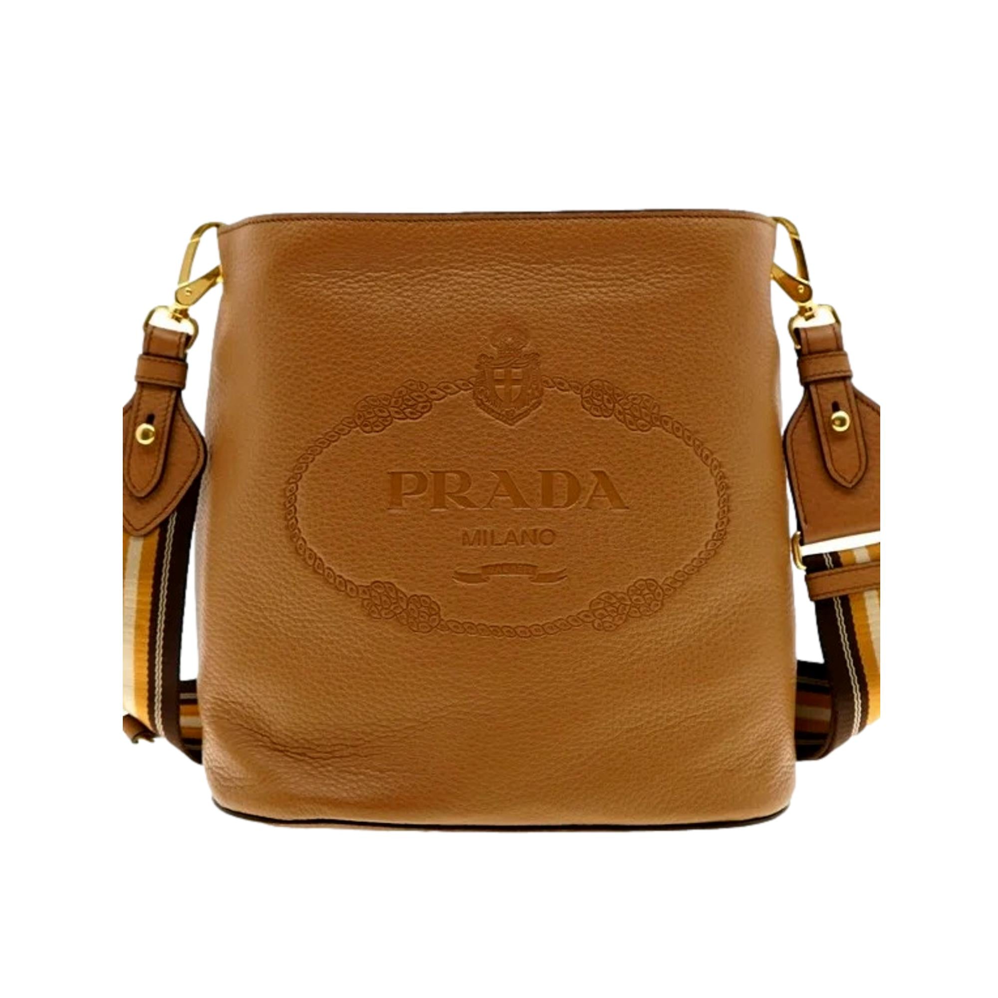 Prada Vitello Phenix Caramel Leather Stripe Strap Bucket Bag