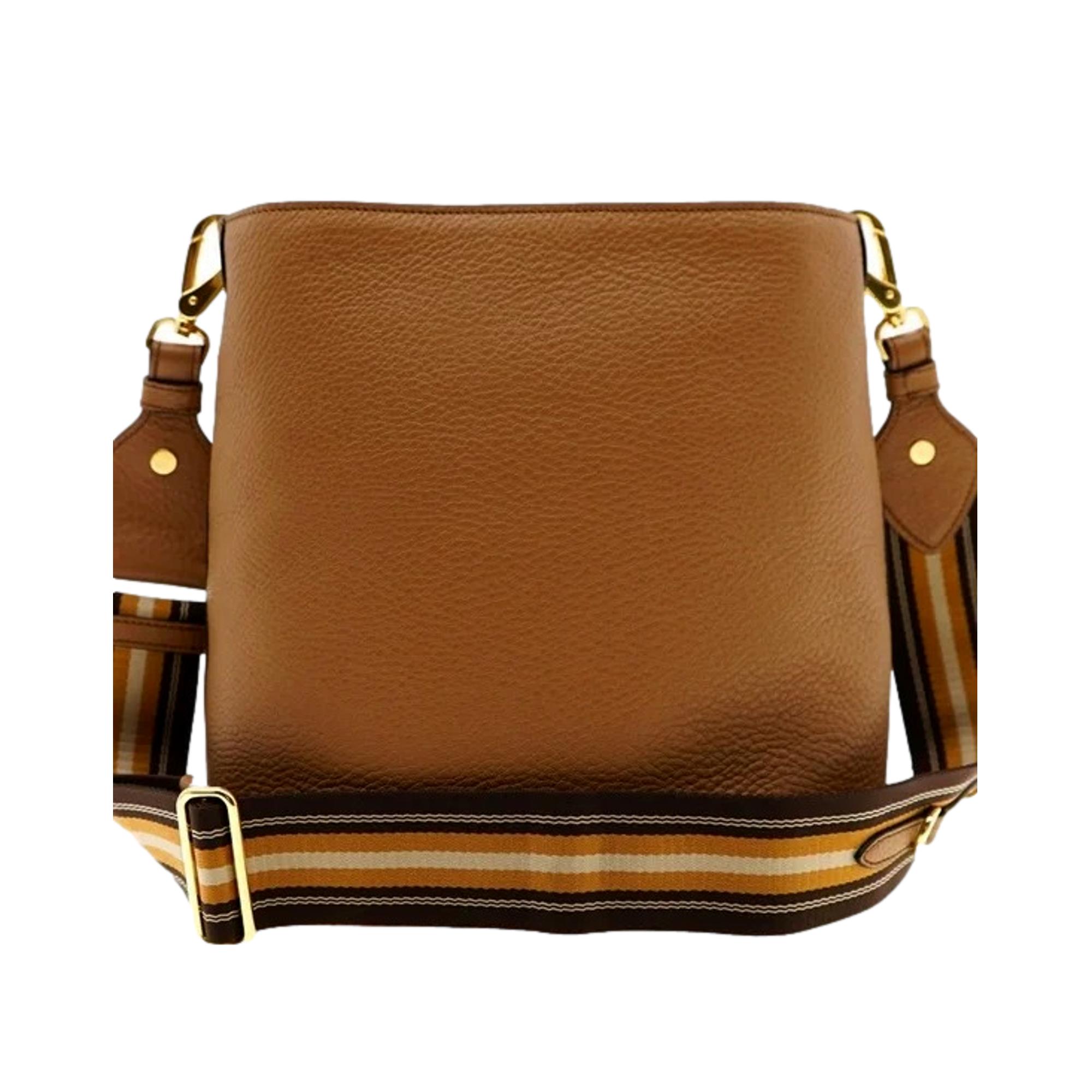 Prada Vitello Phenix Caramel Leather Stripe Strap Bucket Bag