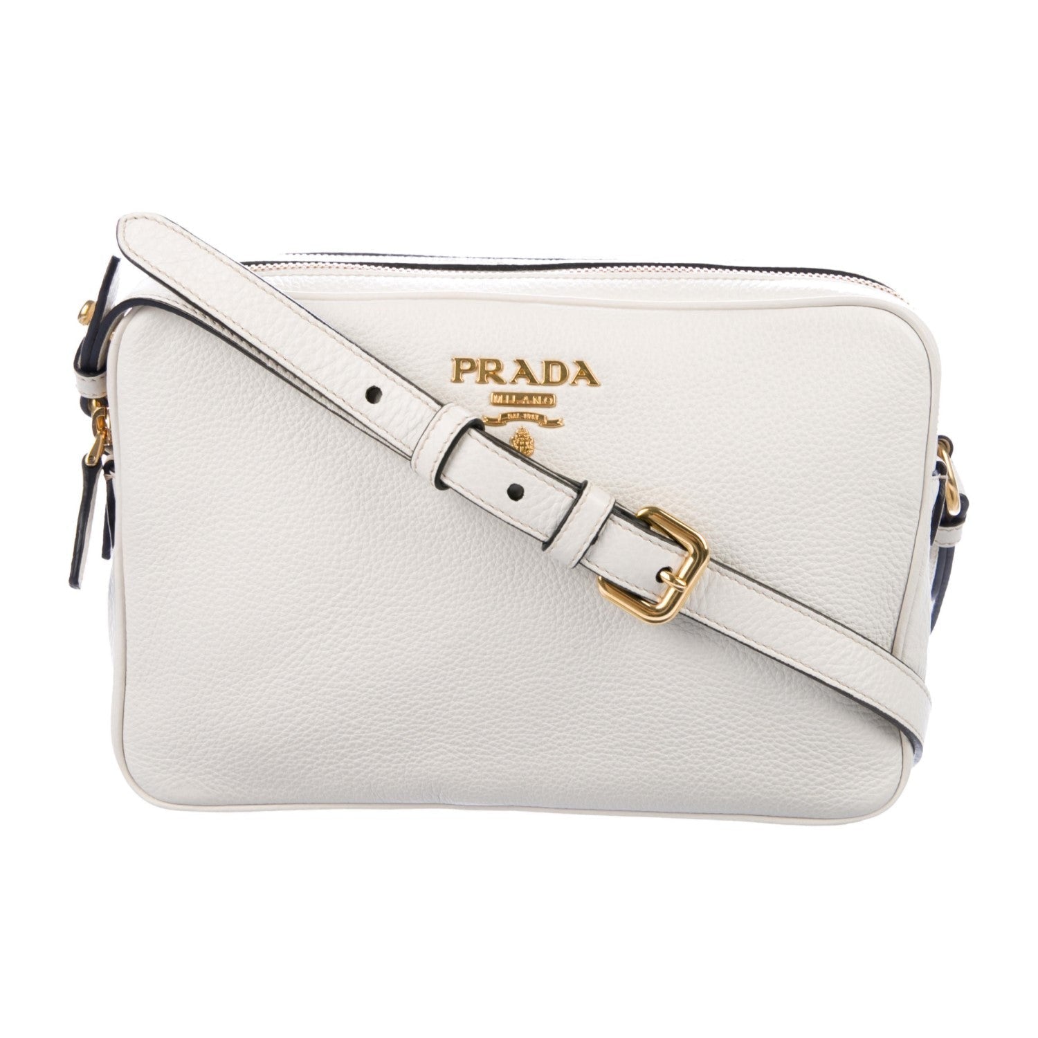 Prada Vitello Phenix White Leather Double Zip Camera Crossbody