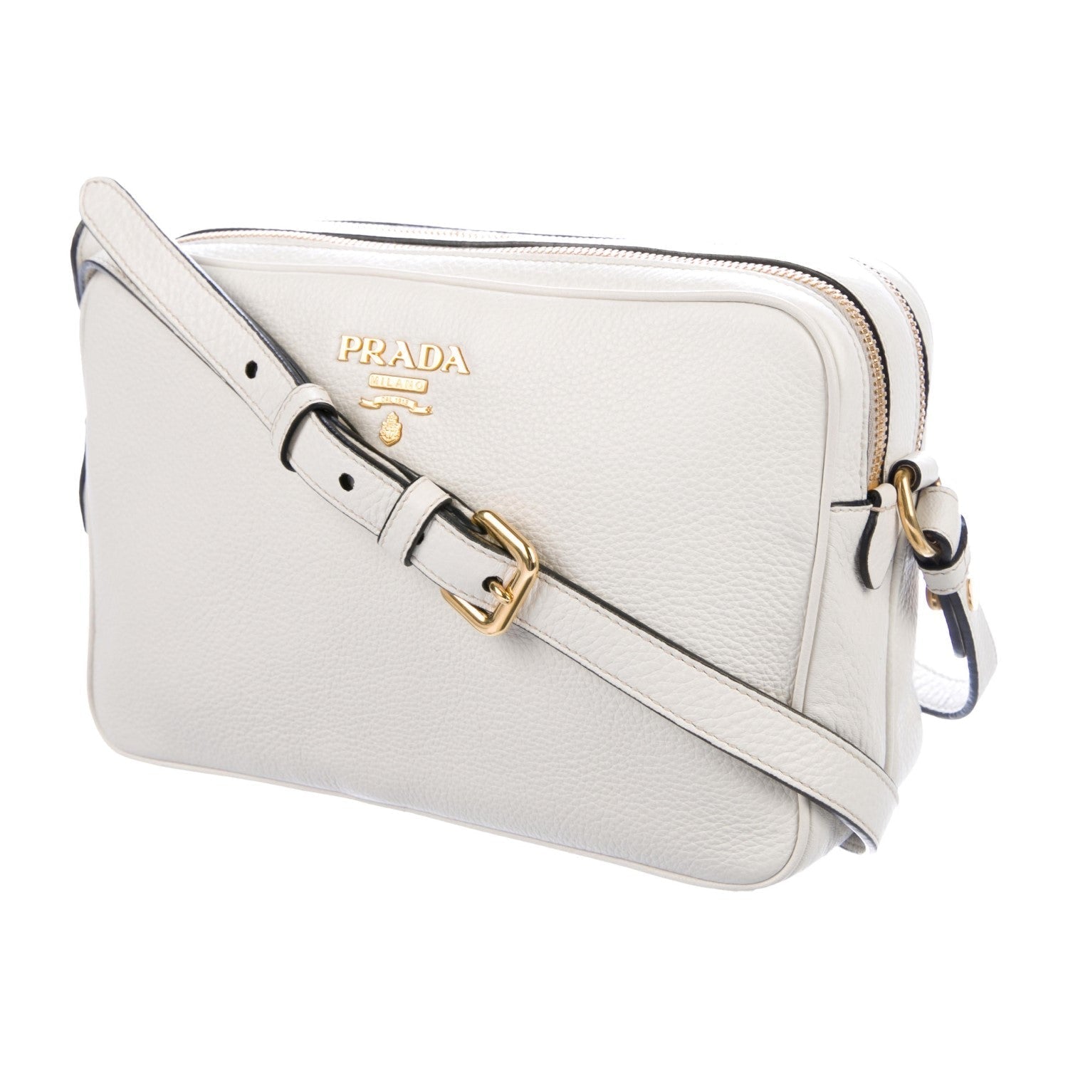 Prada Vitello Phenix White Leather Double Zip Camera Crossbody