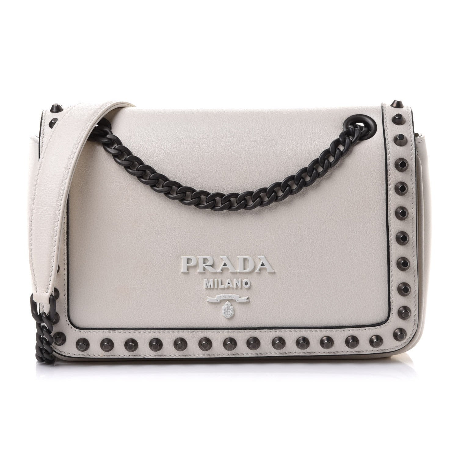 Prada White Glace Leather Studded Trim Crossbody Handbag