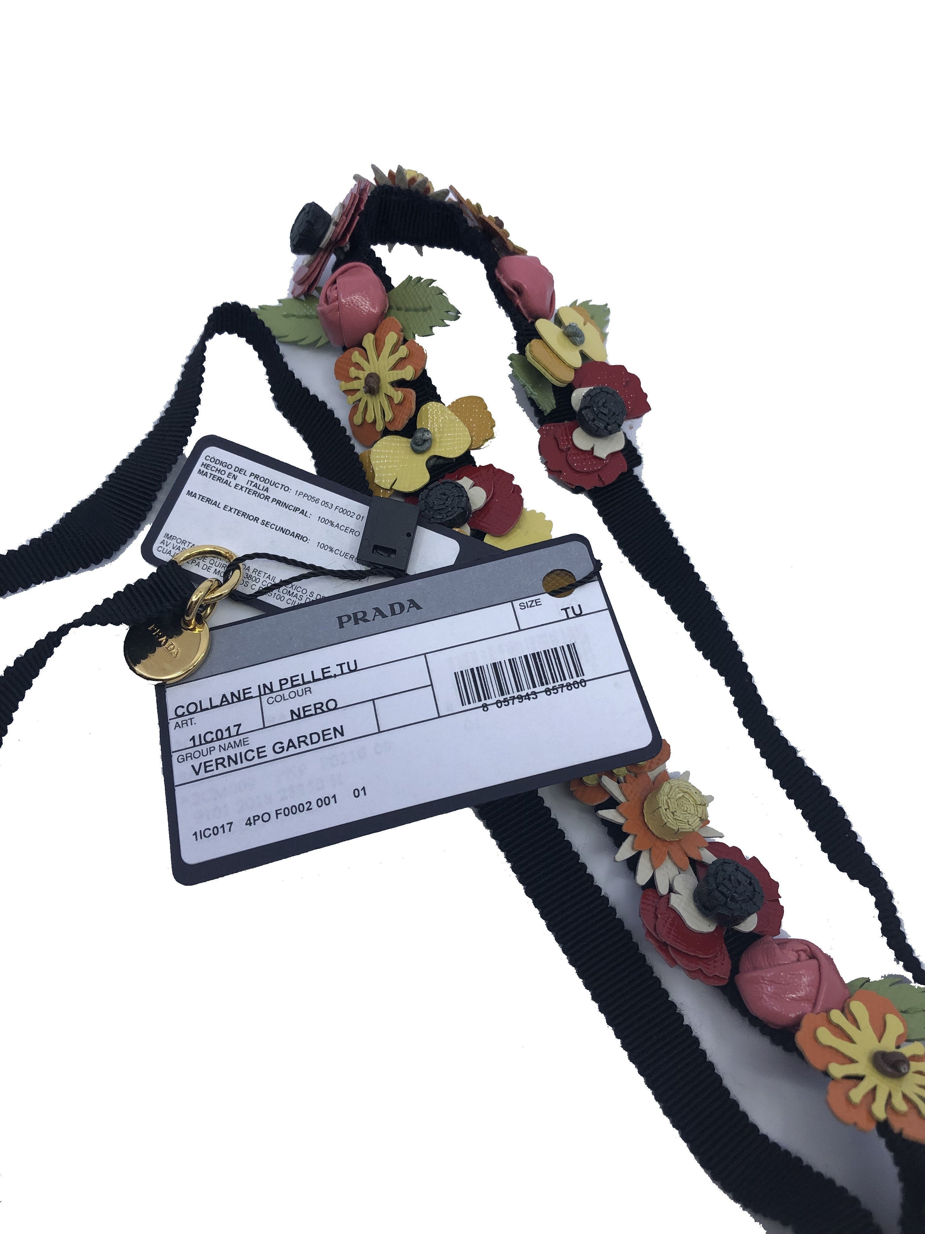 Prada Collane Pelle Tu Nero Black Vernice Garden Flower Belt