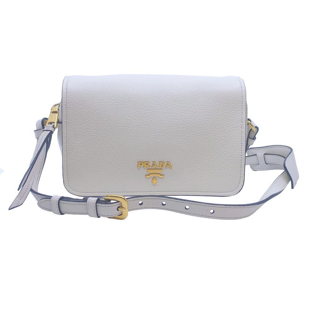 Prada Flap Vitello Phenix Ivory Leather Cross Body Bag