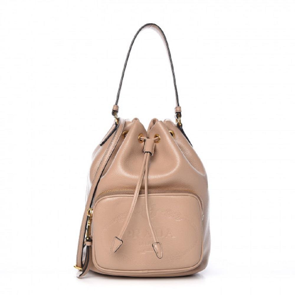 Prada Beige Glace Calf Leather Logo Small Bucket Crossbody Bag