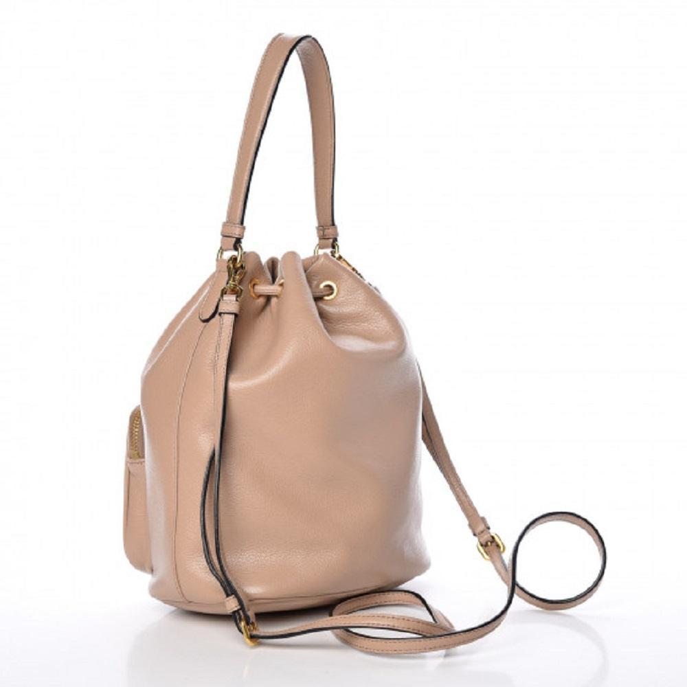 Prada Beige Glace Calf Leather Logo Small Bucket Crossbody Bag