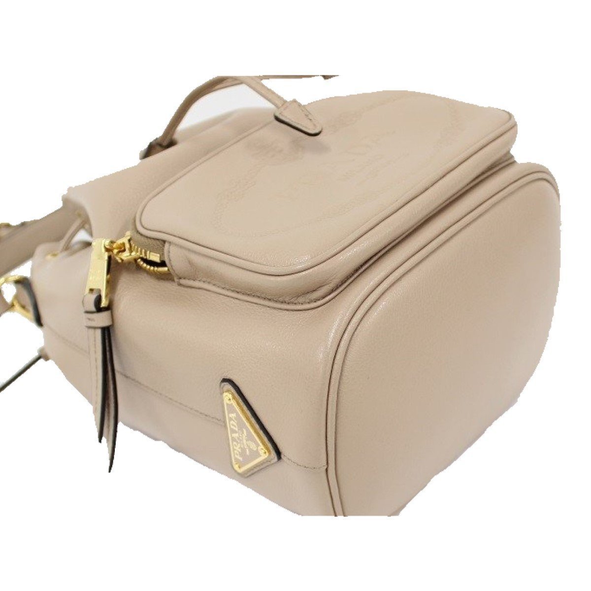 Prada Beige Glace Calf Leather Logo Small Bucket Crossbody Bag