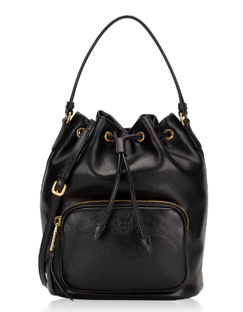 Prada Black Glace Calf Leather Logo Small Bucket Crossbody Bag