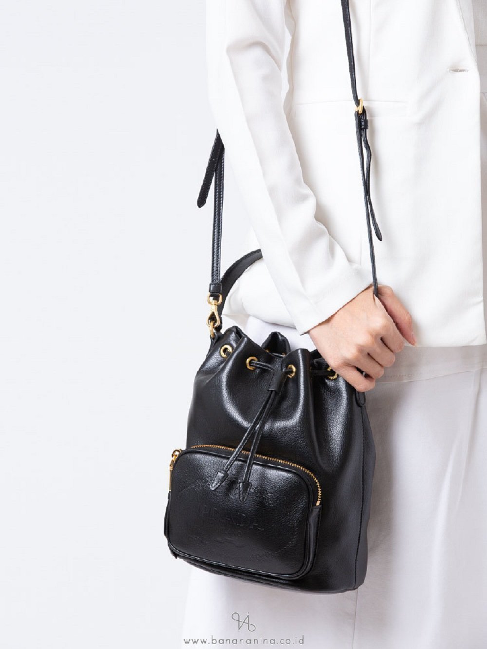 Prada Black Glace Calf Leather Logo Small Bucket Crossbody Bag