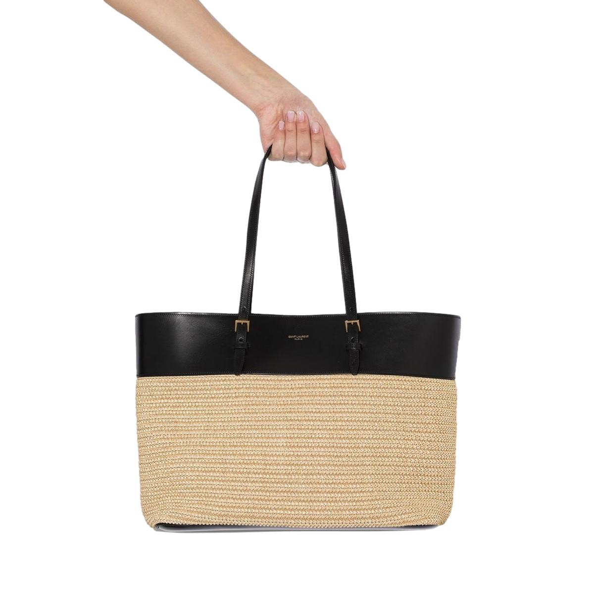 Saint Laurent Boucle Raffia Black Leather Tote