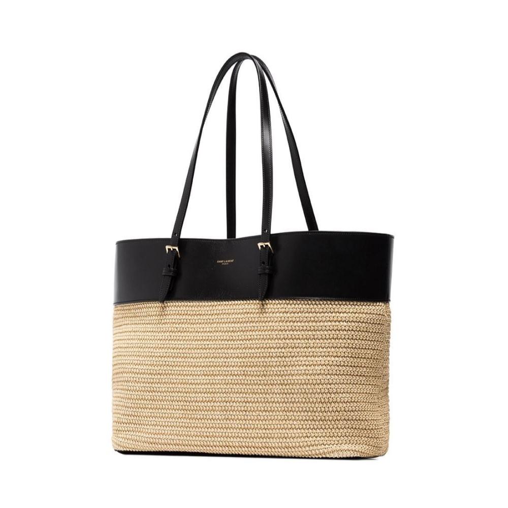 Saint Laurent Boucle Raffia Black Leather Tote