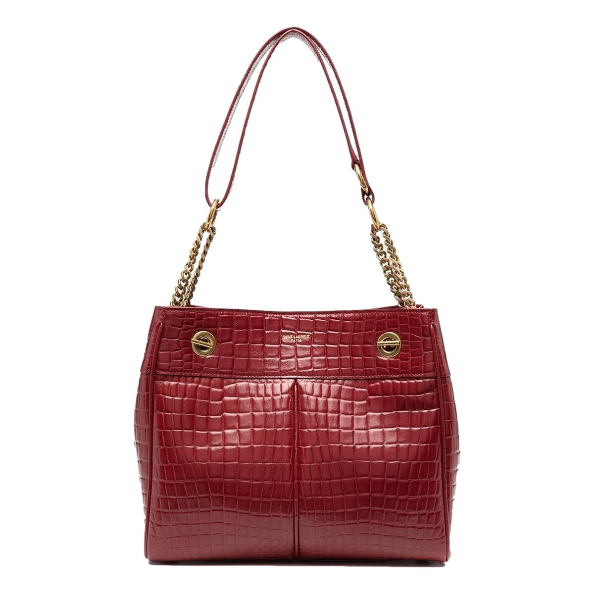 Saint Laurent Claude Red Leather Cocco Embossed Shoulder Bag