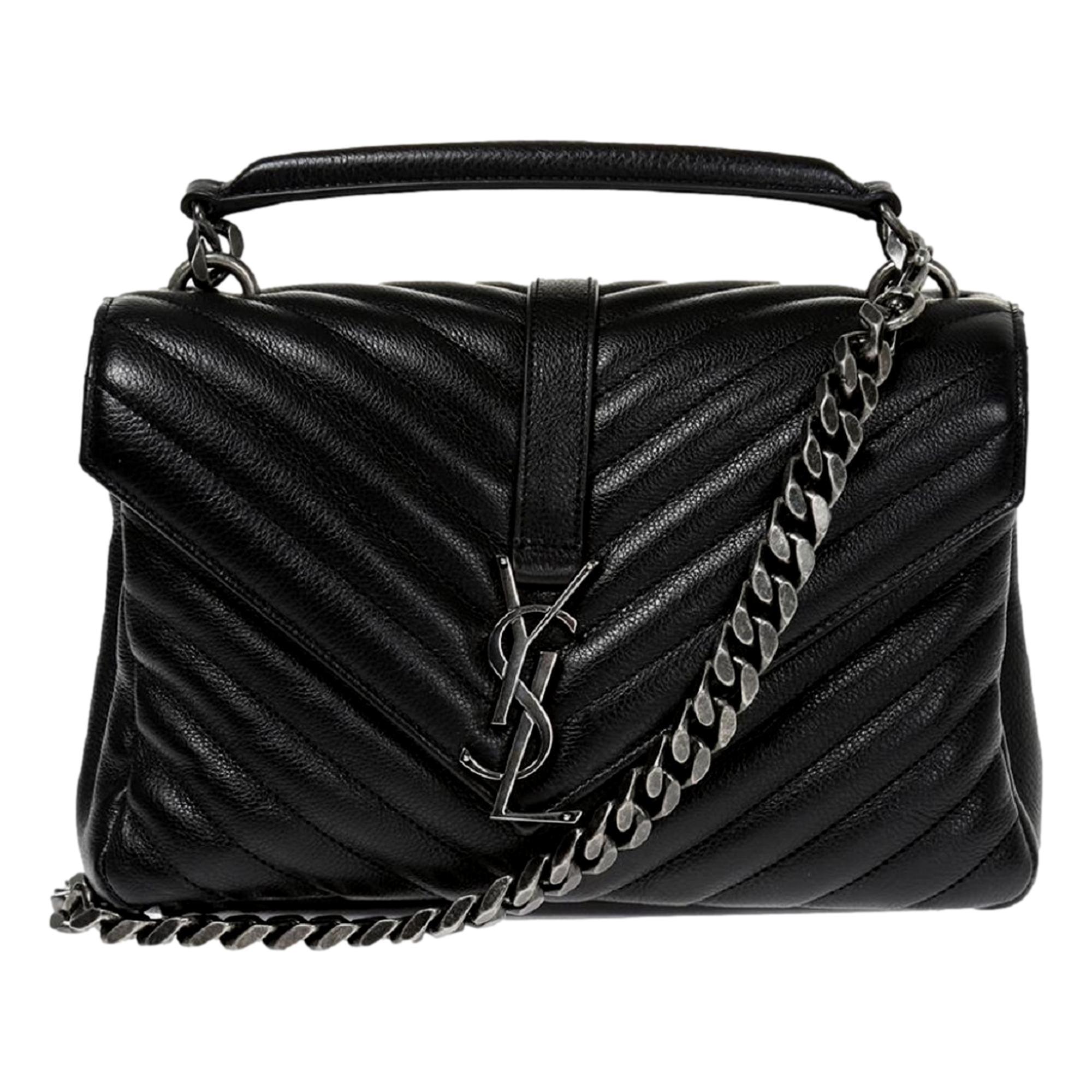 Saint Laurent Grain de Poudre Y Quilted Monogram Small Loulou Chain Satchel Black