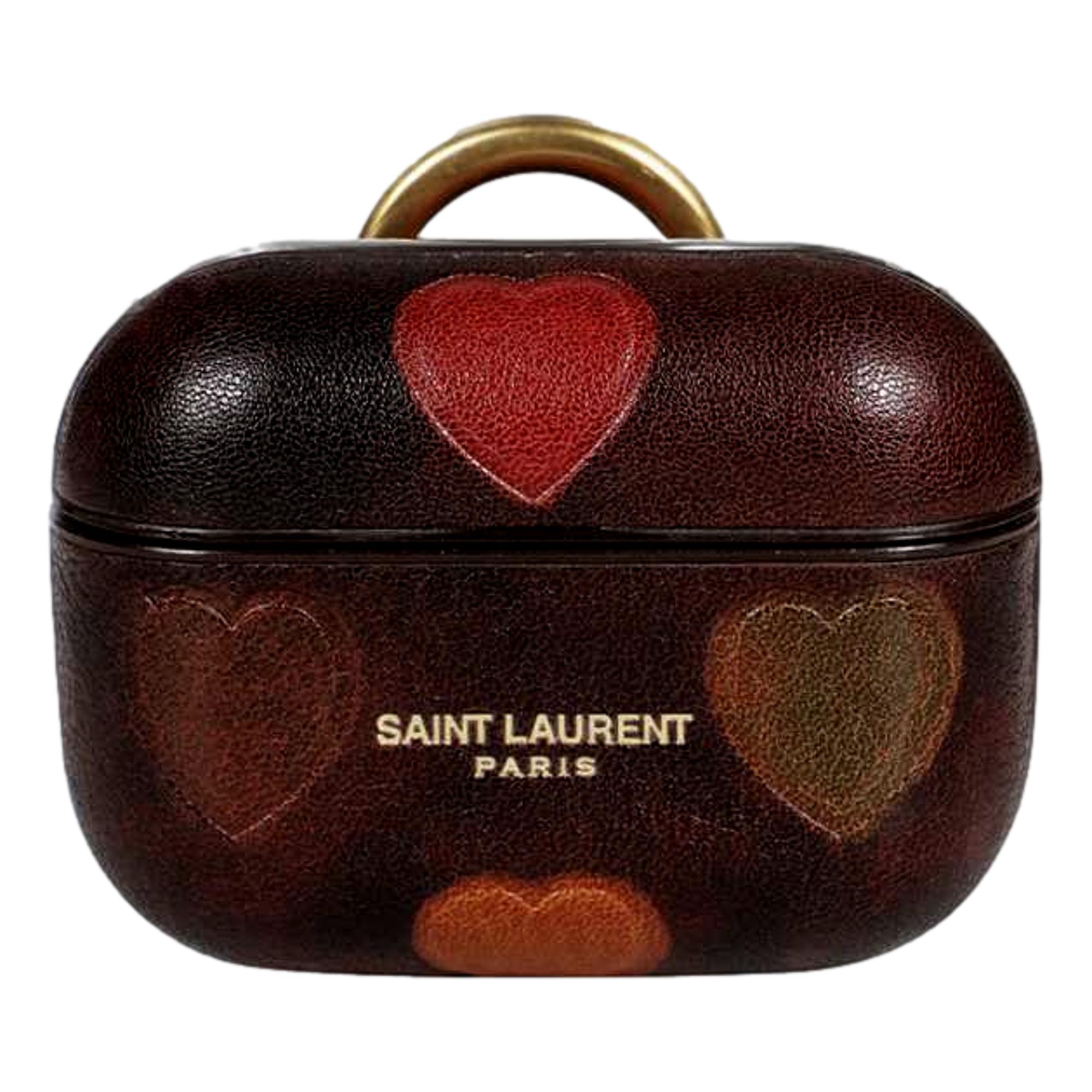 Saint Laurent Heart Printed Brown Textured Leather Airpods Case