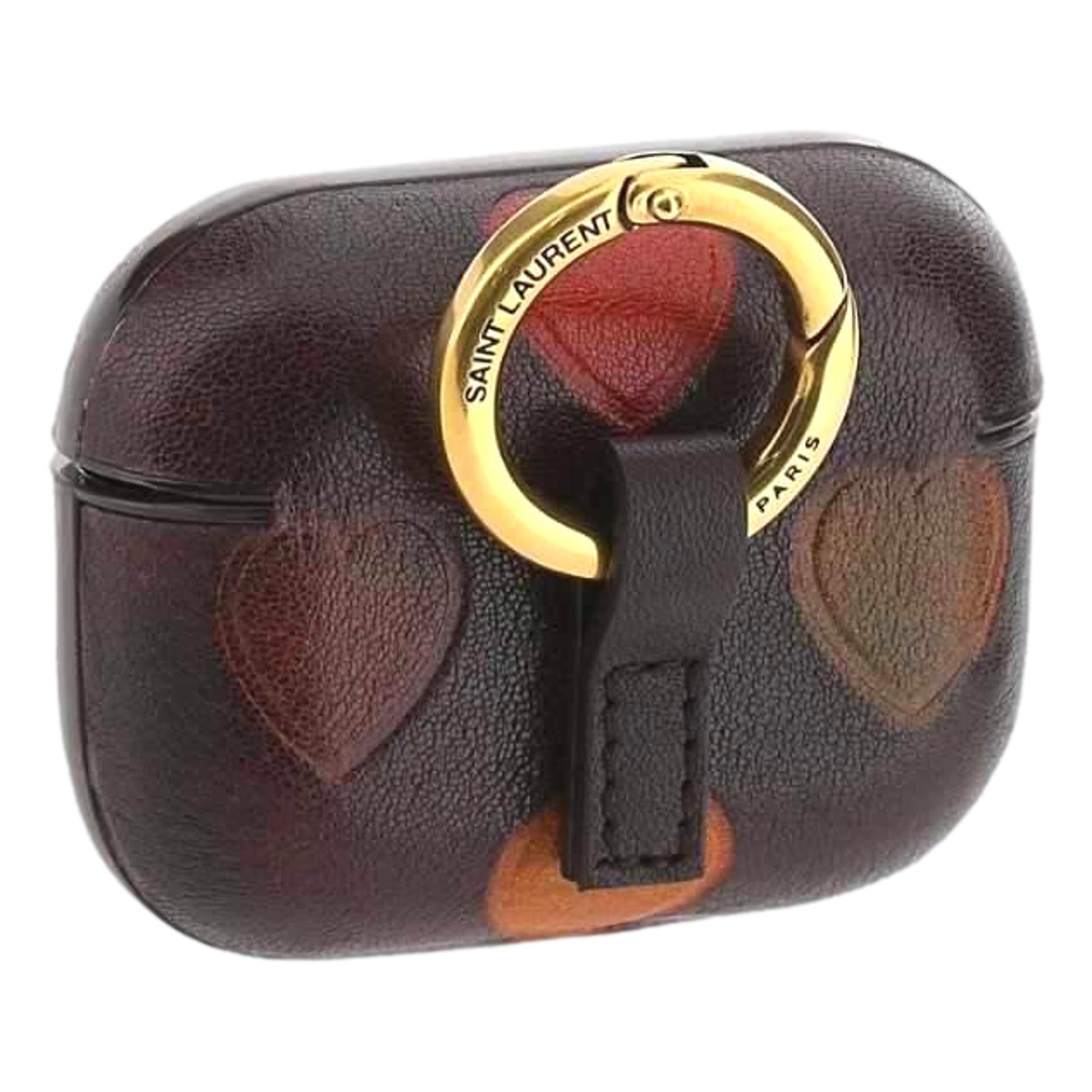 Saint Laurent Heart Printed Brown Textured Leather Airpods Case