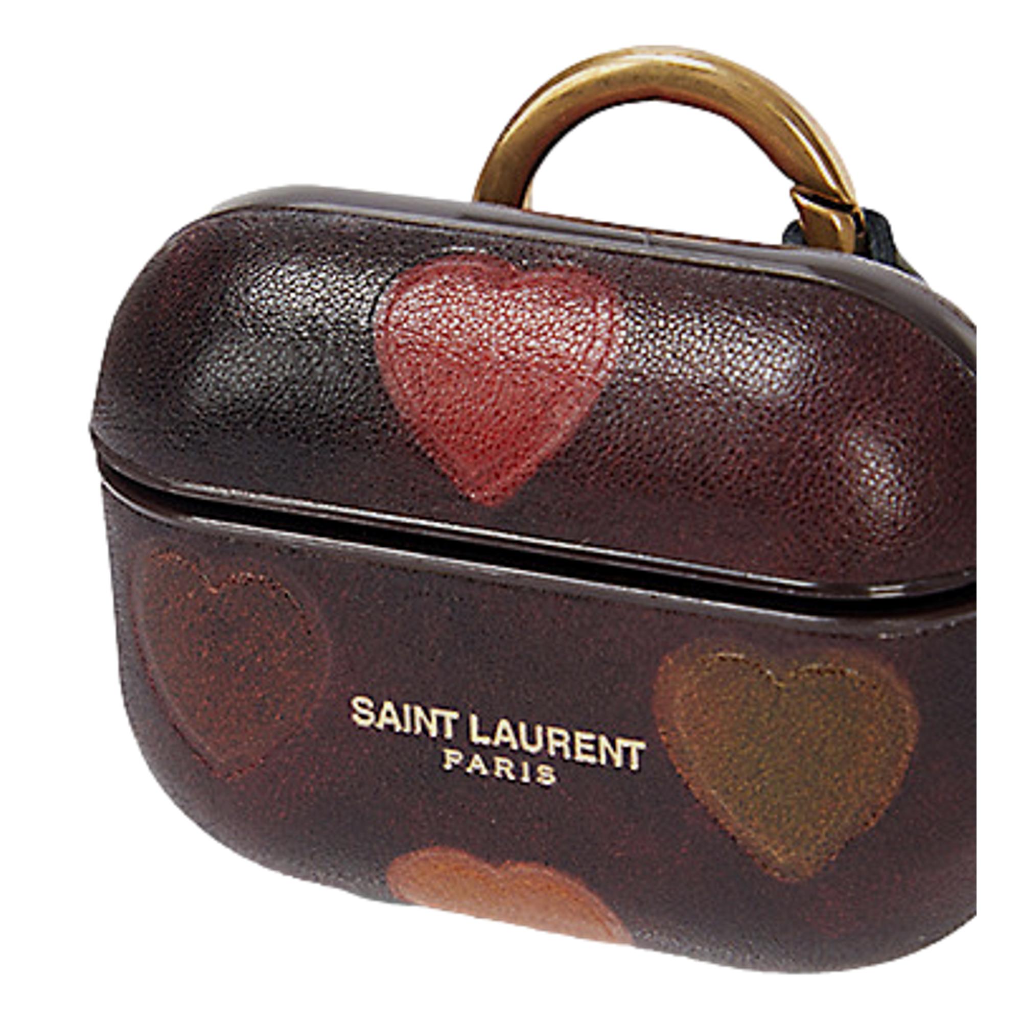 Saint Laurent Heart Printed Brown Textured Leather Airpods Case