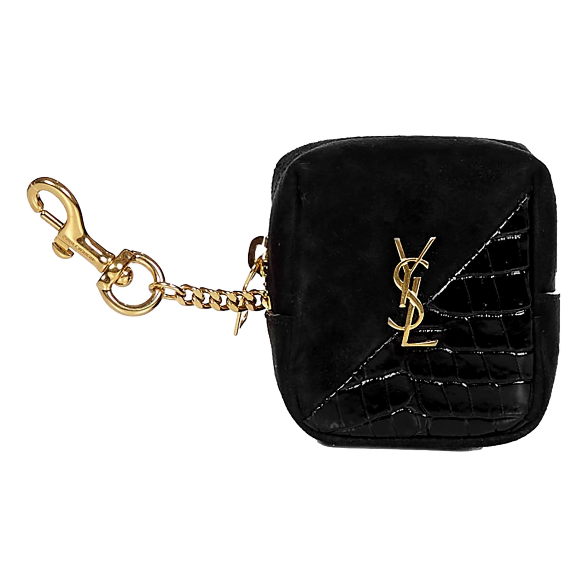 Saint Laurent Jamie YSL Keyring Cube Black Crocodile Print Leather