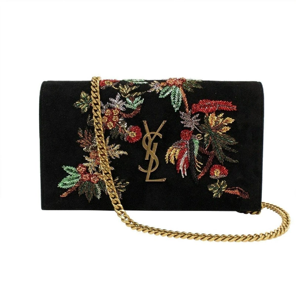 Saint Laurent Kate Black Suede Monogramme Embroidered Parrots