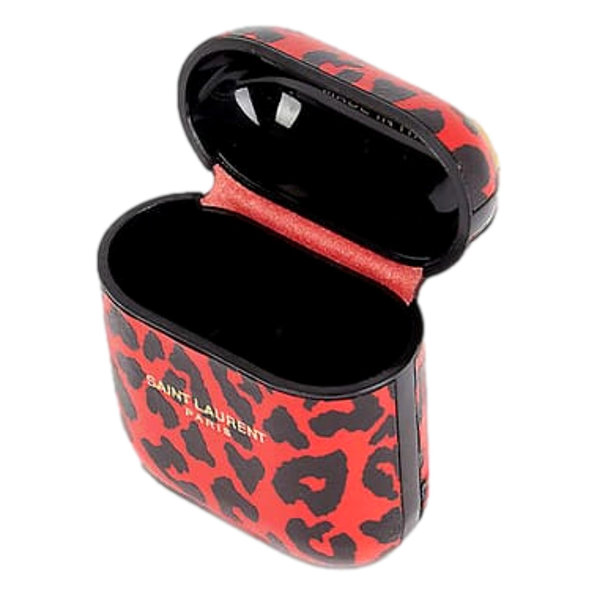 Saint Laurent Leopard Print Black and Red Leather Airpods Case