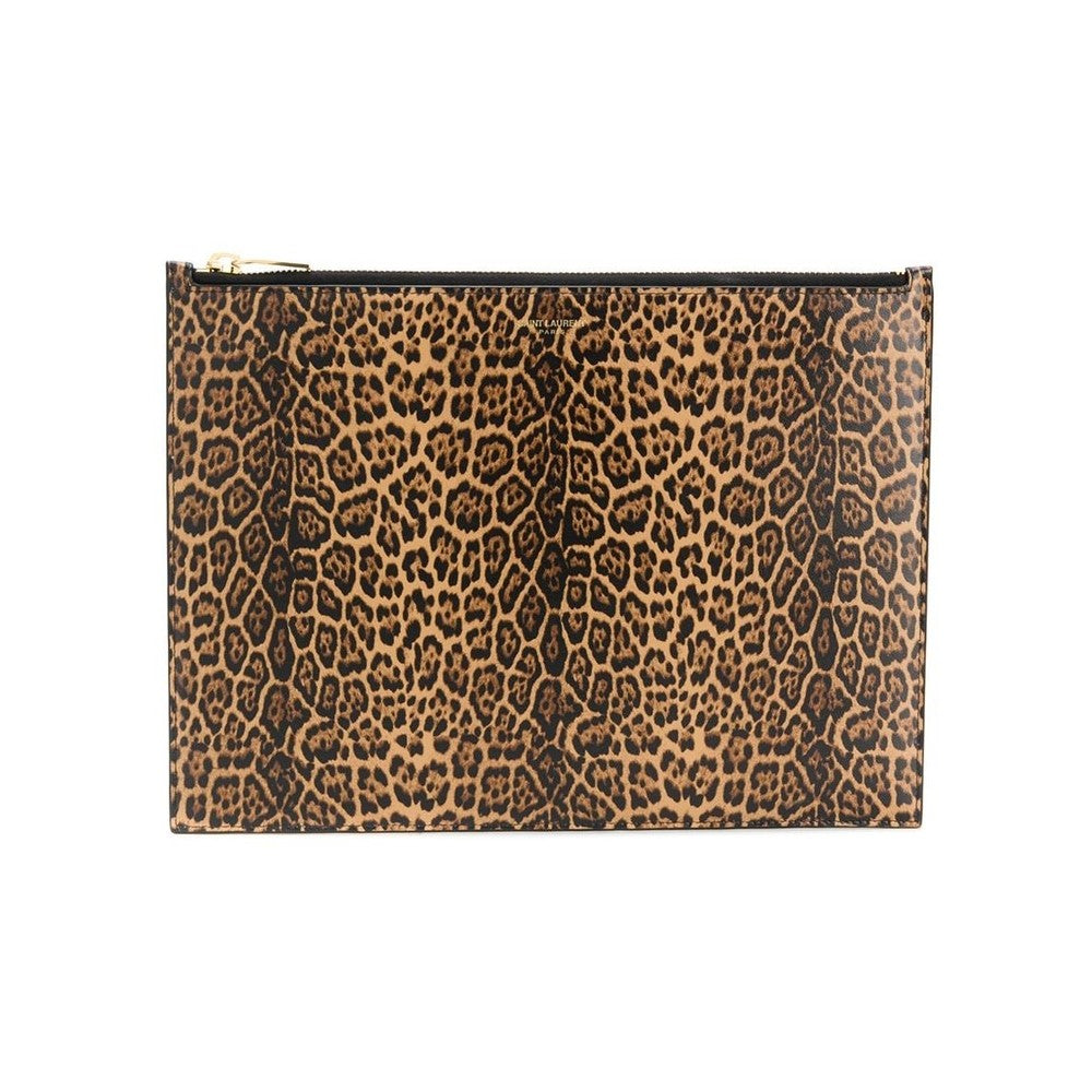 Saint Laurent Leopard Printed Calfskin Leather Large Pouch