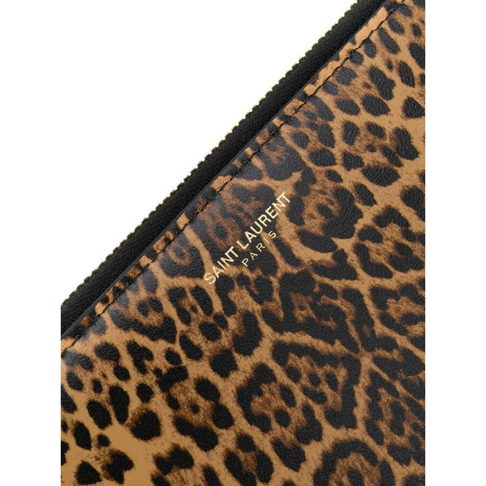 Saint Laurent Leopard Printed Calfskin Leather Large Pouch