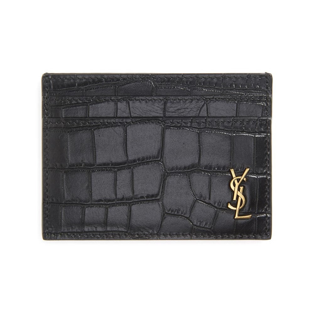 Saint Laurent Monogram Croc Embossed Leather Card Case Wallet