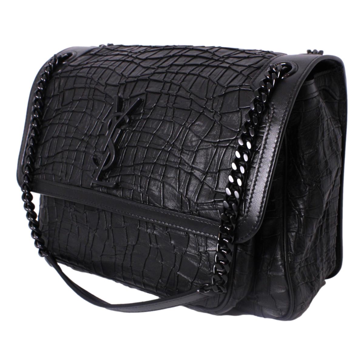 Saint Laurent Niki Medium Crocodile Embossed Leather Black Satchel Bag