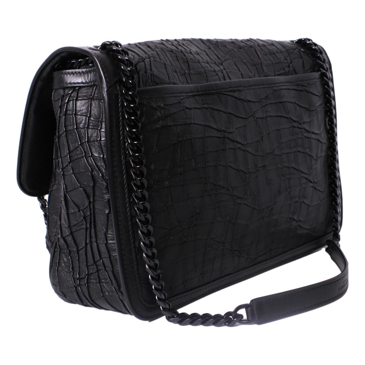 Saint Laurent Niki Medium Crocodile Embossed Leather Black Satchel Bag